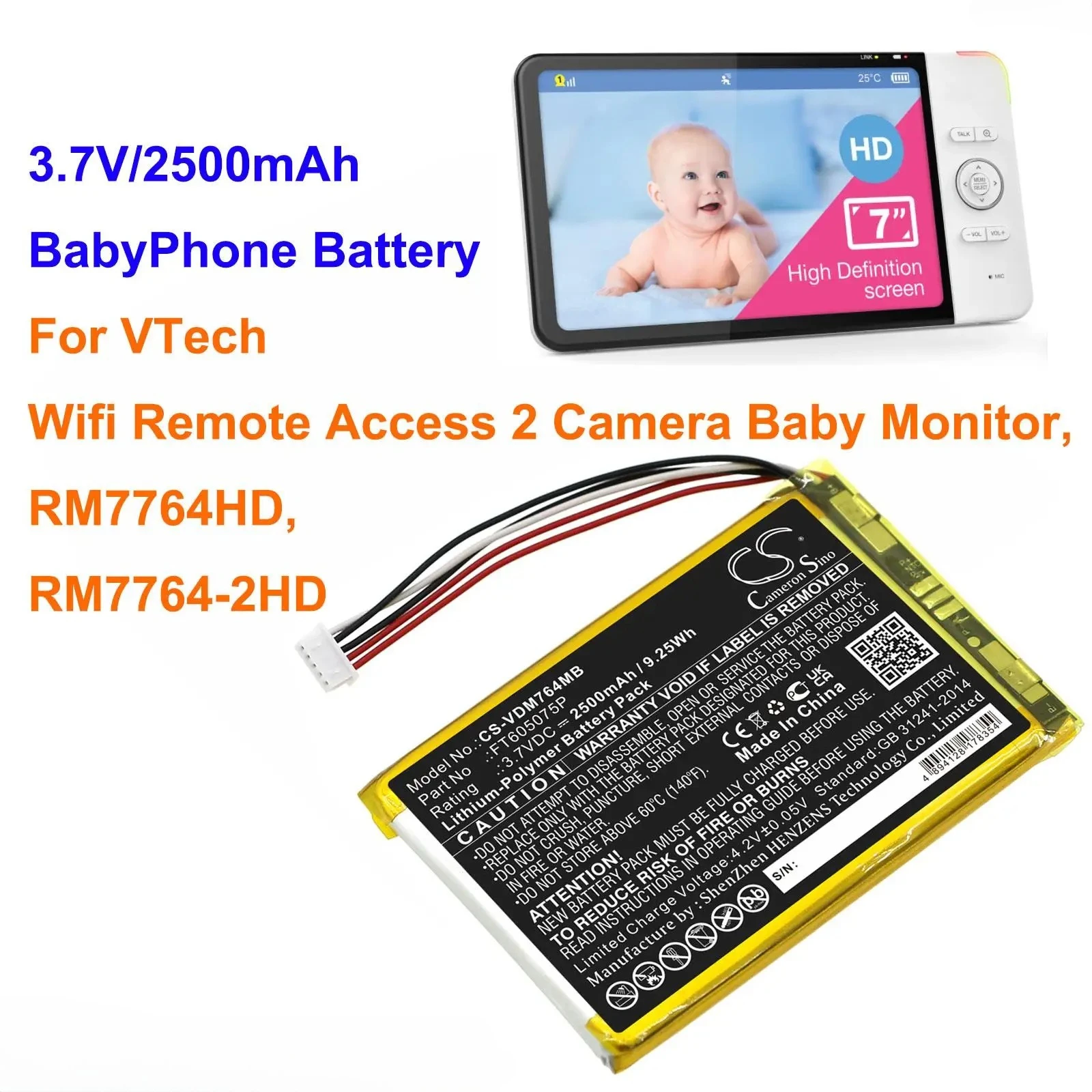 

3.7V 2500mAh BabyPhone Battery FT605075P for VTech Wifi Remote Access 2 Camera Baby Monitor, RM7764HD, RM7764-2HD +TOOL