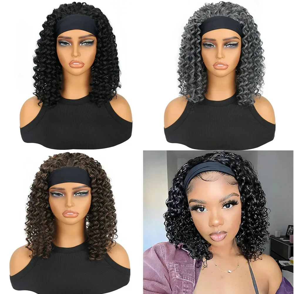 Curly Headband Wigs Synthetic Short Deep Wave Headband Wig Deep Curly Headband Wig Natural Black for Women