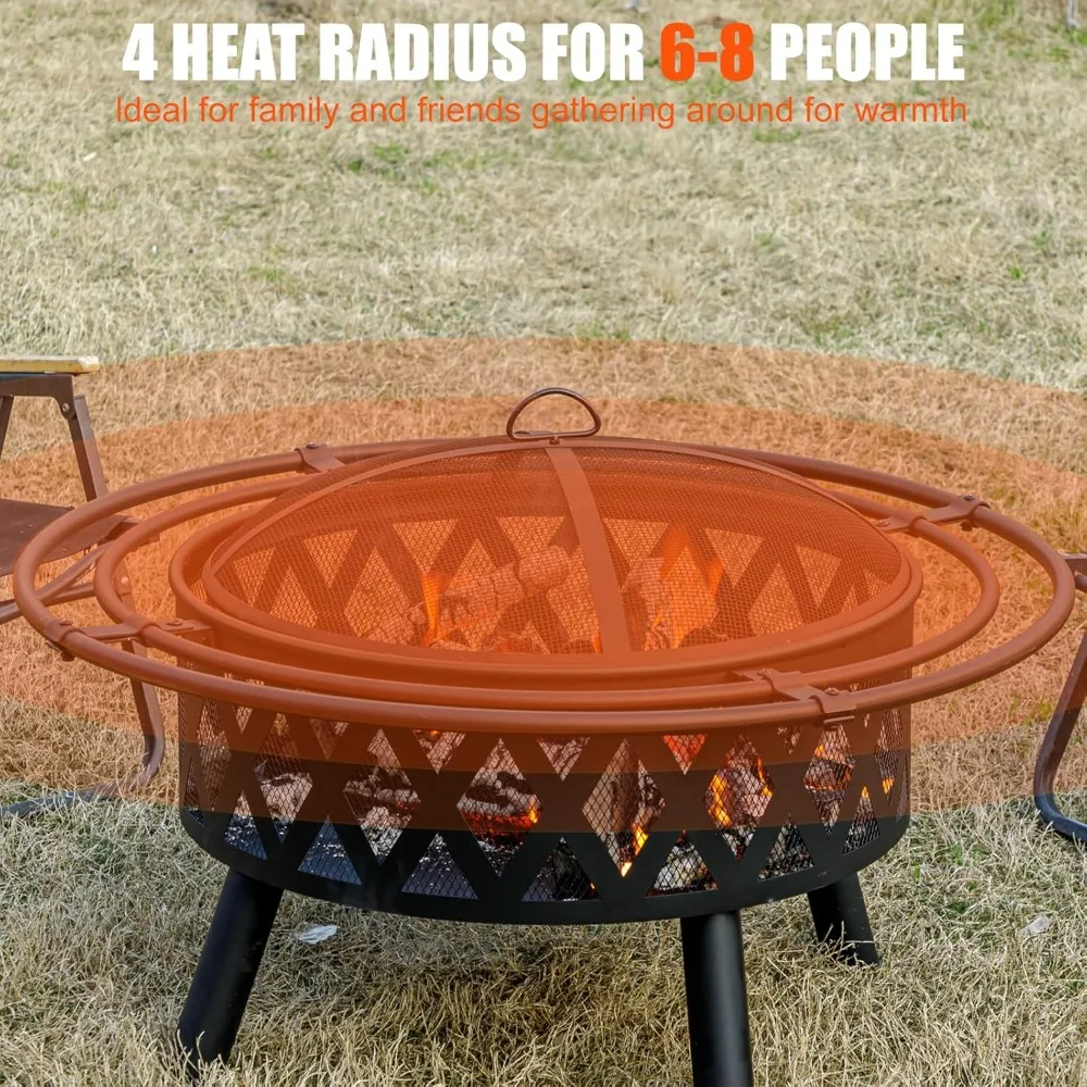 36 Inch Burning Fire Pit with 2 Loops,Outdoor Fire Pit with Spark Screen & Fire Poker,Cross Weave Firepit for Fireplace Bonfire