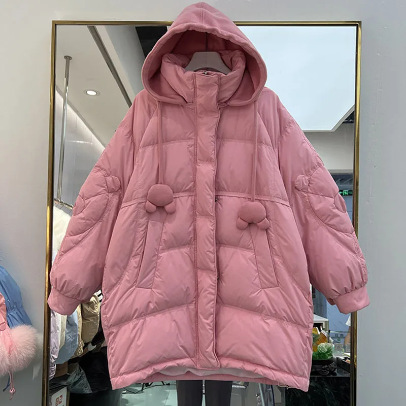 

Down Jacket 2022 New Fashion Women's Korean Hooded Loose 90% White Duck Down Winter Coat Long Sleeve Solid Color Clothes