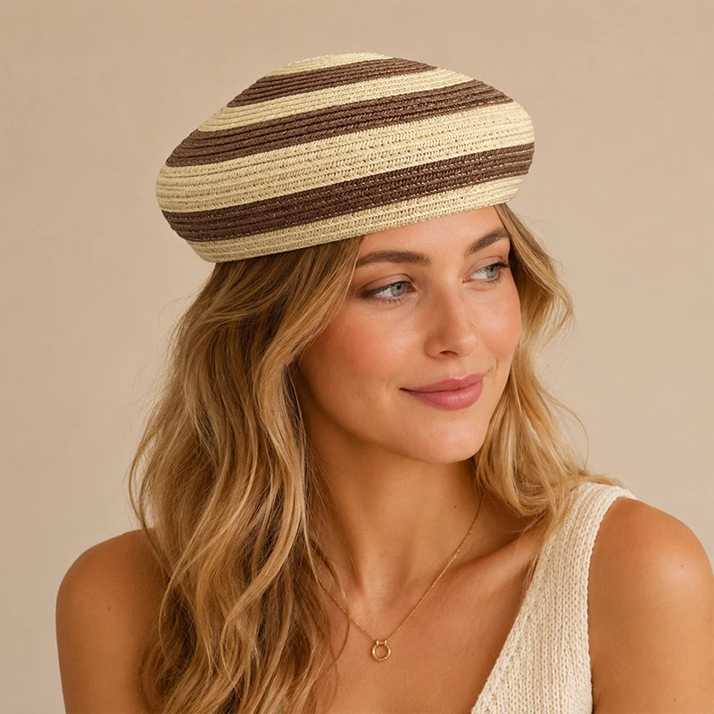 

Women Striped Paper Straw Beret French Retro Weeding Fascinator Summer Woven Pillbox Hat Sun Protection Beach Vacation Cap