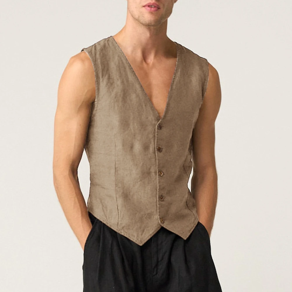 Gilet en lin décontracté pour hommes, gilet d\'été à simple boutonnage, col en V, veste en fibre cool vintage pour hommes