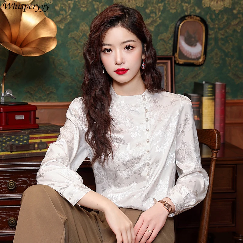 Blouse for Women New Chinese Nailed Beaded Embroidery Shirt Female Spring  Autumn New Vinatge Long Sleeve Tops Camisas Femme