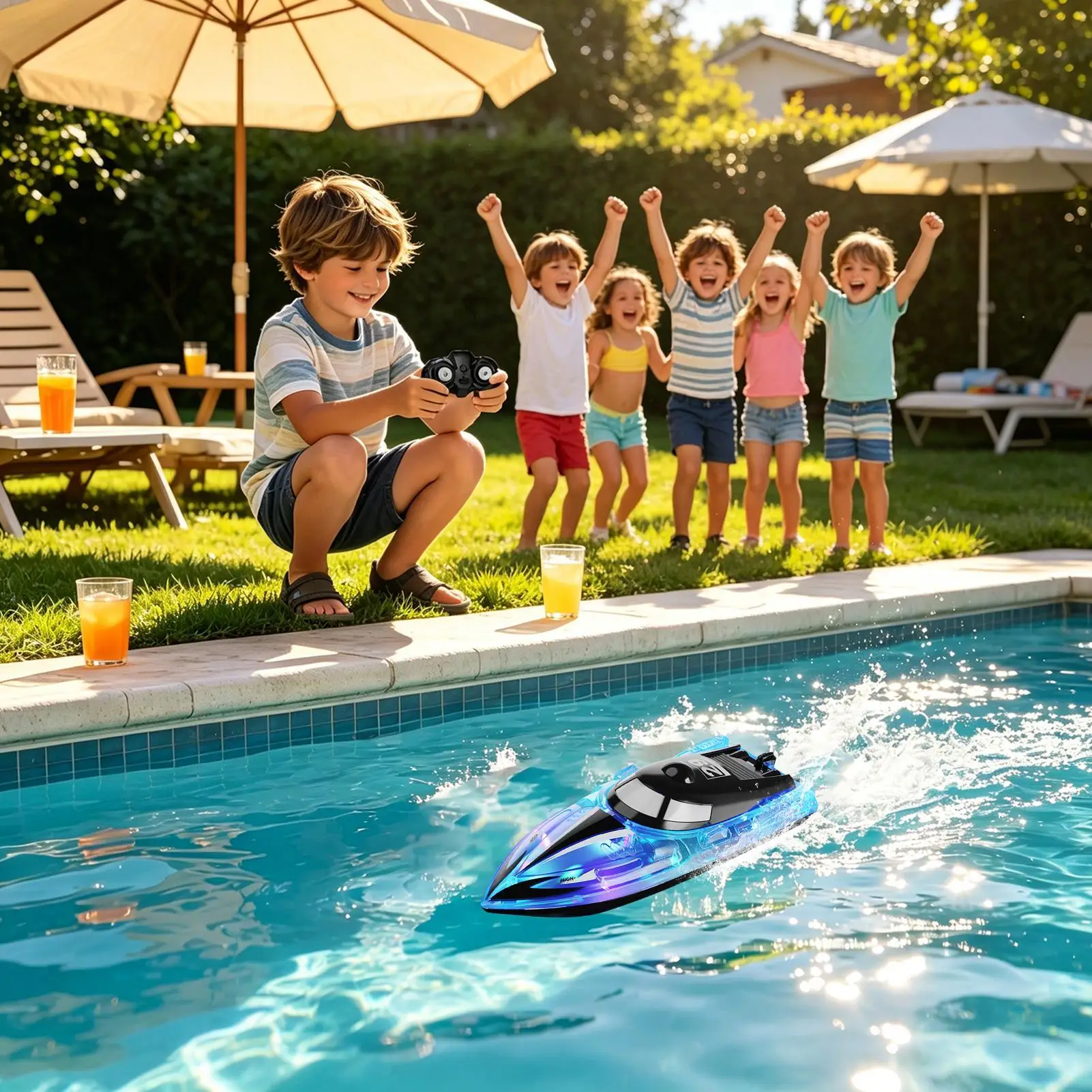 Rc Boat with Colorful Led Light Electric High-Speed Toy Waterproof Racing Remote Control Speedboat Competitive Toy Boy Kids Gift