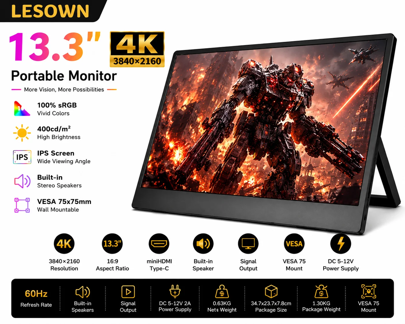 LESOWN 13.3" Travel Monitor 3840x2160 UHD Portable Screen Plug & Play Second Display for Mini PC