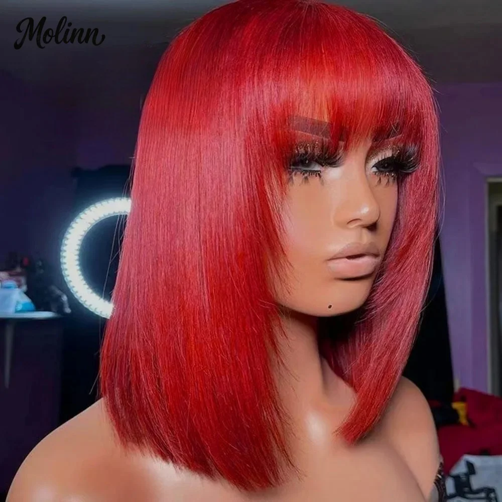 Hot Red Short Bob Lace Wigs 13x4 HD Straight Lace Front Wig with Bangs Synthetic Daily Cosplay Makeup Use On Clearance Sale