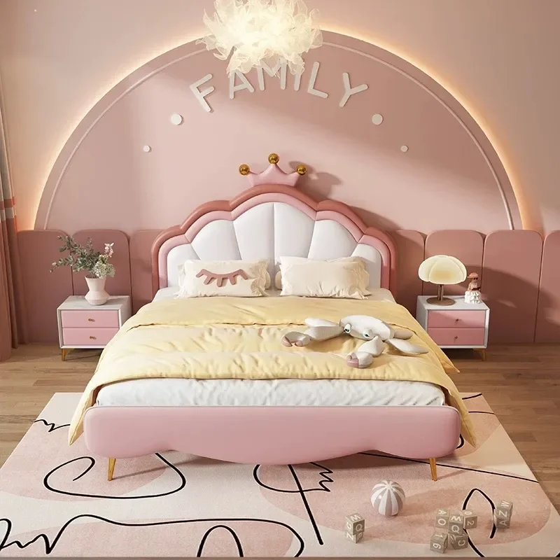 1.2m Girls Crown Princess Bed Light Luxury Pink Solid Wood Single Bed for Small Apartment Bedroom