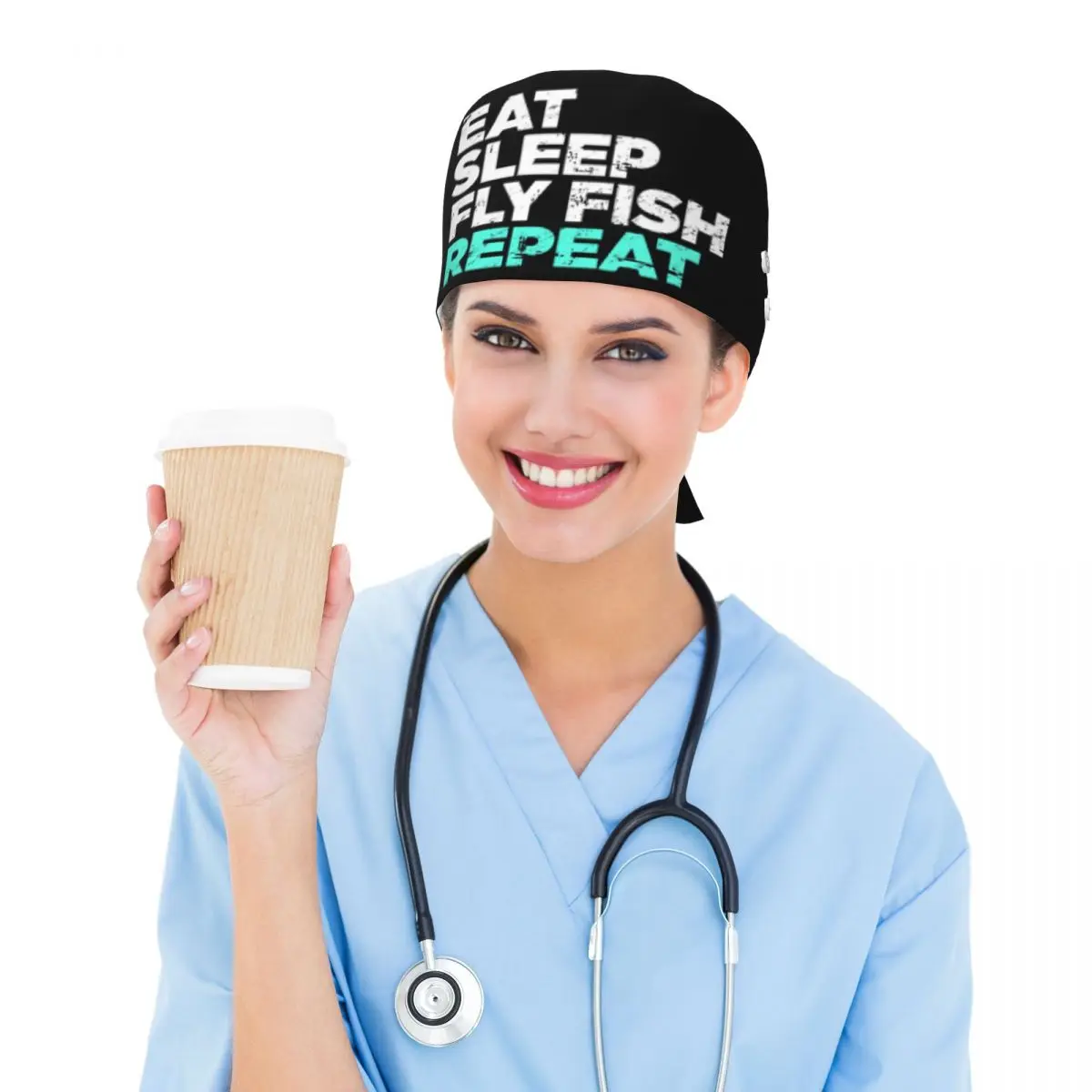 Eat Sleep Fly Fish Fly Fishing Graphic Scrub Hat Doctor Working Surgical Cap Unisex Adjustable Nursing Caps for Dentist