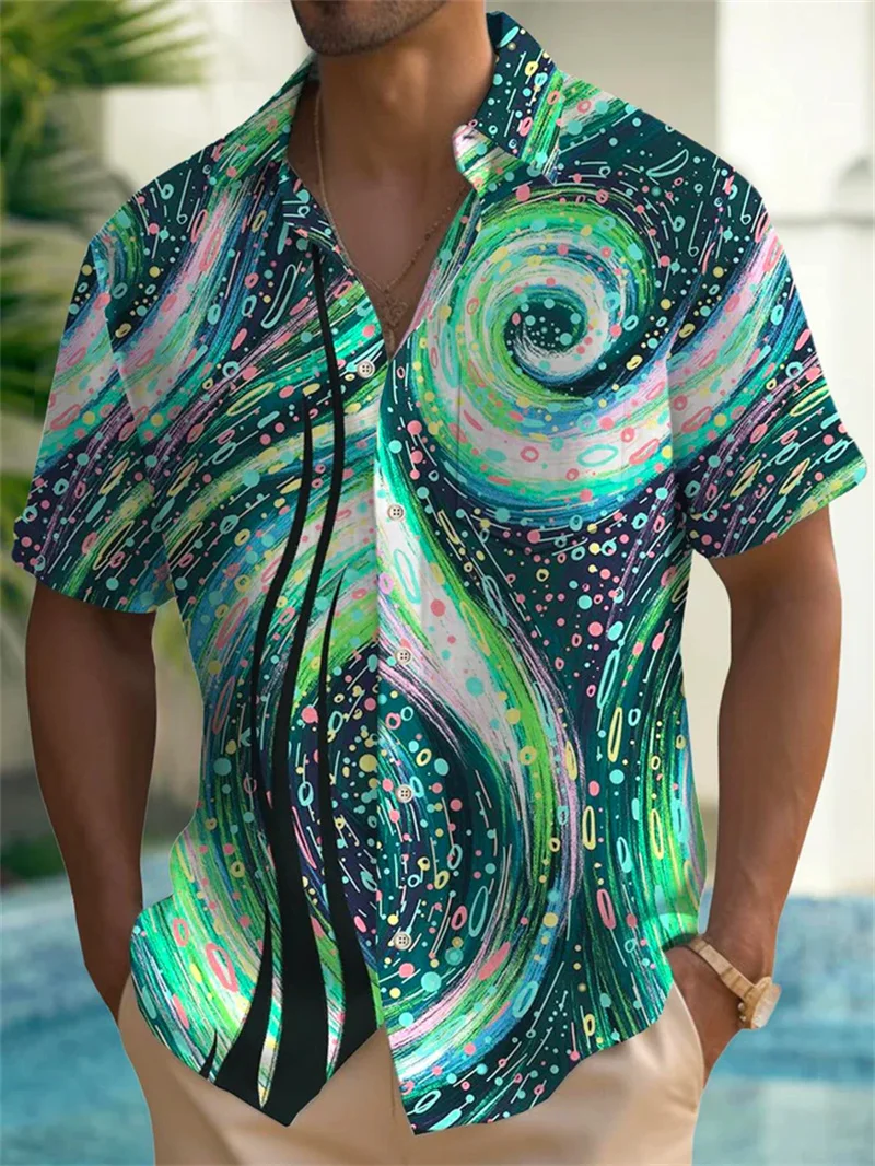 

2025 casual short sleeved fitted top men's clothing new style lapel button men's shirt retro tree print beach shirt