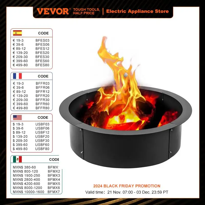 

VEVOR Fire Pit Ring/Liner Easy to Assemble Install Q235 Steel Outside Diameter 36" 42" 45" for Outdoor Camping Fishing Barbecue