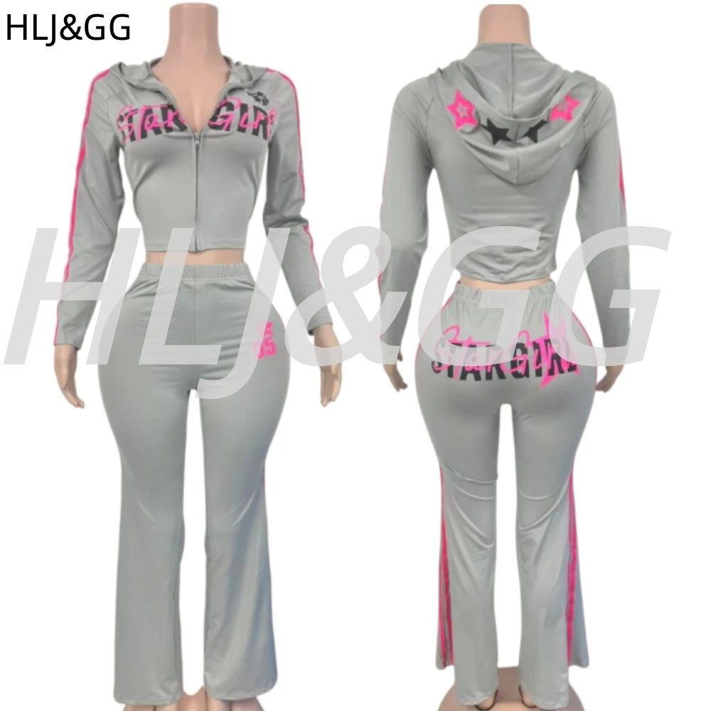 Zestaw dwuczęściowy HLJ Fashion z nadrukiem liter, dla kobiet, bluzka crop top na zamek z paskami i patchworkiem oraz spodnie typu flare, pasujący strój streetwearowy dla kobiet.