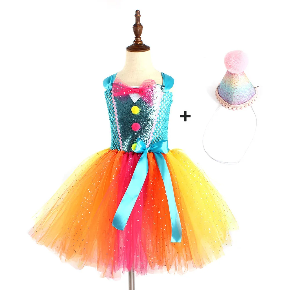 Rainbow Gradient Sequin Bow Decoration Tulle Puffy Beautiful Skirt With Pom-pom Birthday Hat Birthday Holiday Party Photo Dress