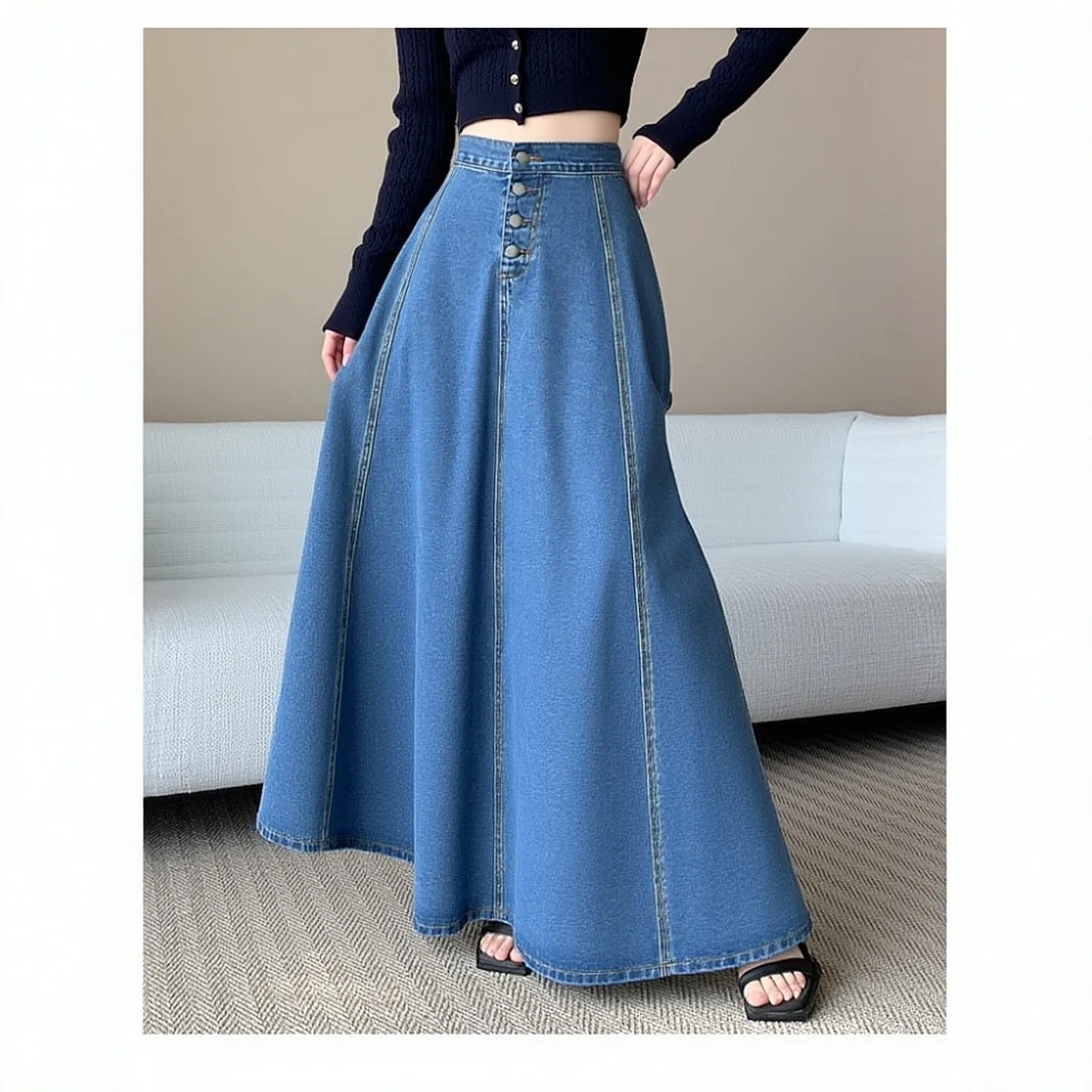 Women Jean Skirt Korean Fashion High Waist Mide Denim No Stretchy Cross-border Long Skirt Spring Autumn A Line Skirt