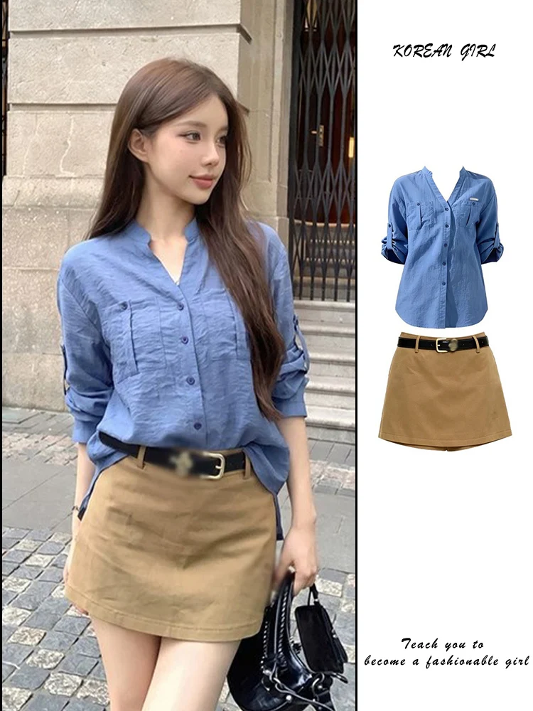 Klein Blue Long Sleeve Shirt Set Women's Early Autumn High Sensation Loose Sun Protection Khaki Short Skirt Fashion Set