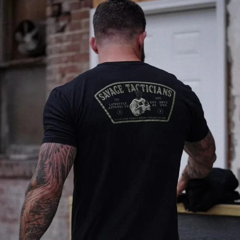 

2026 American Tactical Print T-shirt for Men Ins Tough Style Loose Retro Pure Cotton Round-neck Short-sleeved Top Trendy