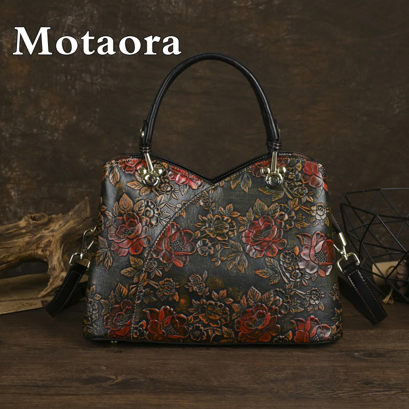 MOTAORA New Chinese Style Women's Shoulder Bag Embossed Handmad Crossbody Mother's Bags Versatile Retro PU Leather Handbag Purse