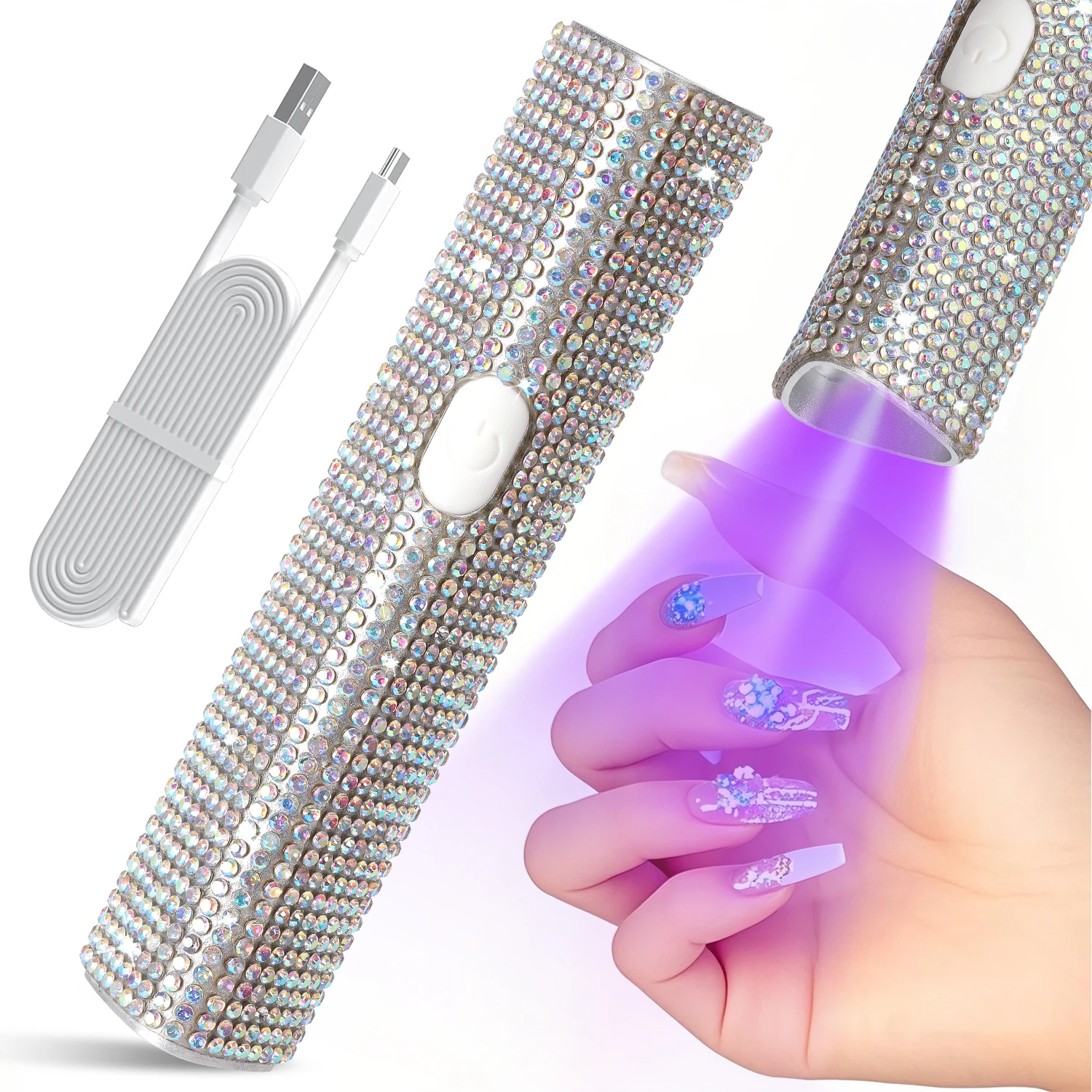 Bling - Lampe à ongles UV portable ornée : 2 - Minuterie (20s/60s), UV grossissant 8X, rechargeable 150 mAh, durcissement rapide et portable