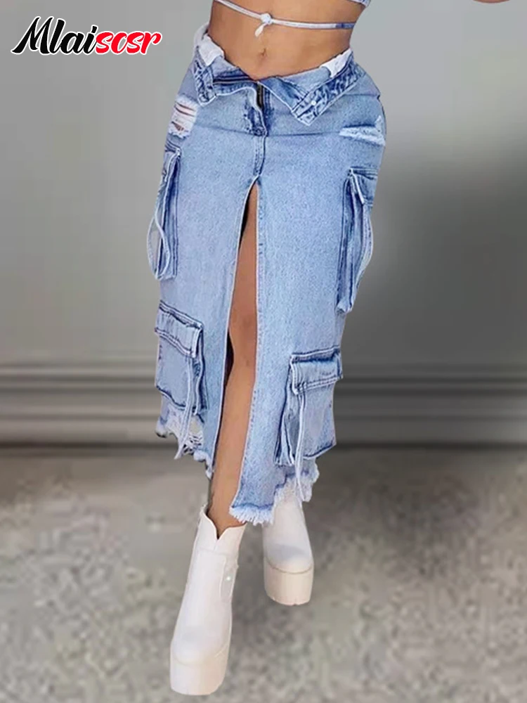 

Mlaiscsr Casual Blue Stretch Denim Hole Ripped Pocket Cargo Skirts Women High Waisted Button Slit Slim Bottoms Female Streetwear