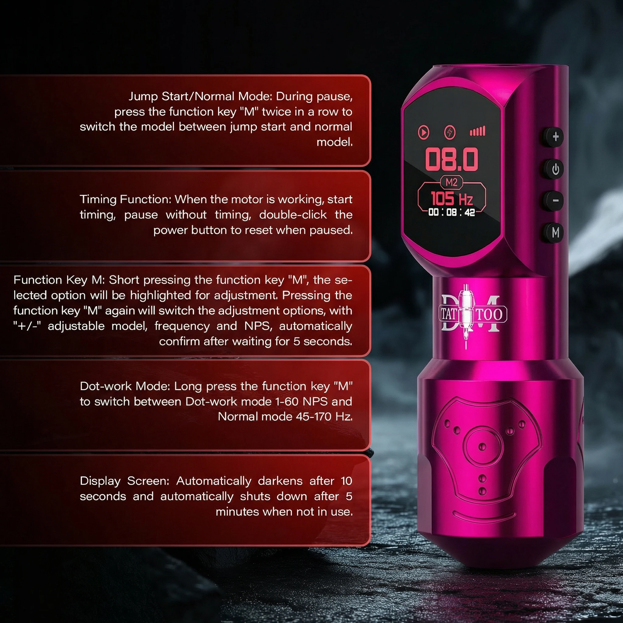 DM Red-Dragon 4.0MM Stroke Wireless Rotating Tattoo Machine PMU Grip Customized Motor LED Display Suitable Tattoo Artists Makeup