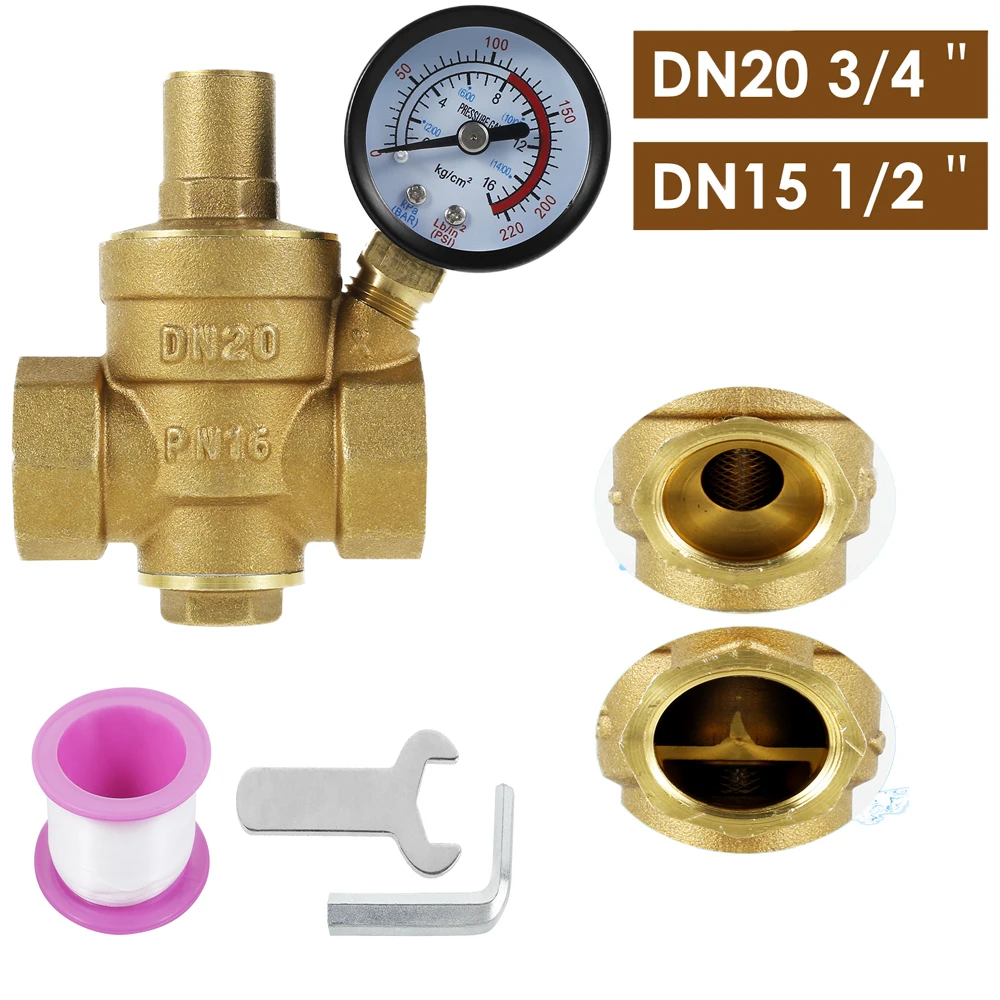 3/4inch DN20 Brass Water Pressure Regulator Valve Water Pressure Reducer DN15 Regulator Adjustable Relief Valve Gauge