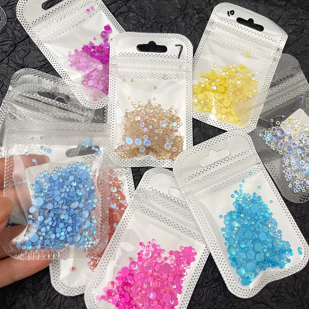 300pcs 3D Magic Colorful Mermaid Round Glass Aurora Translucent Crystal Beads Nail Charms Nail Art Decoration Accessories Tips