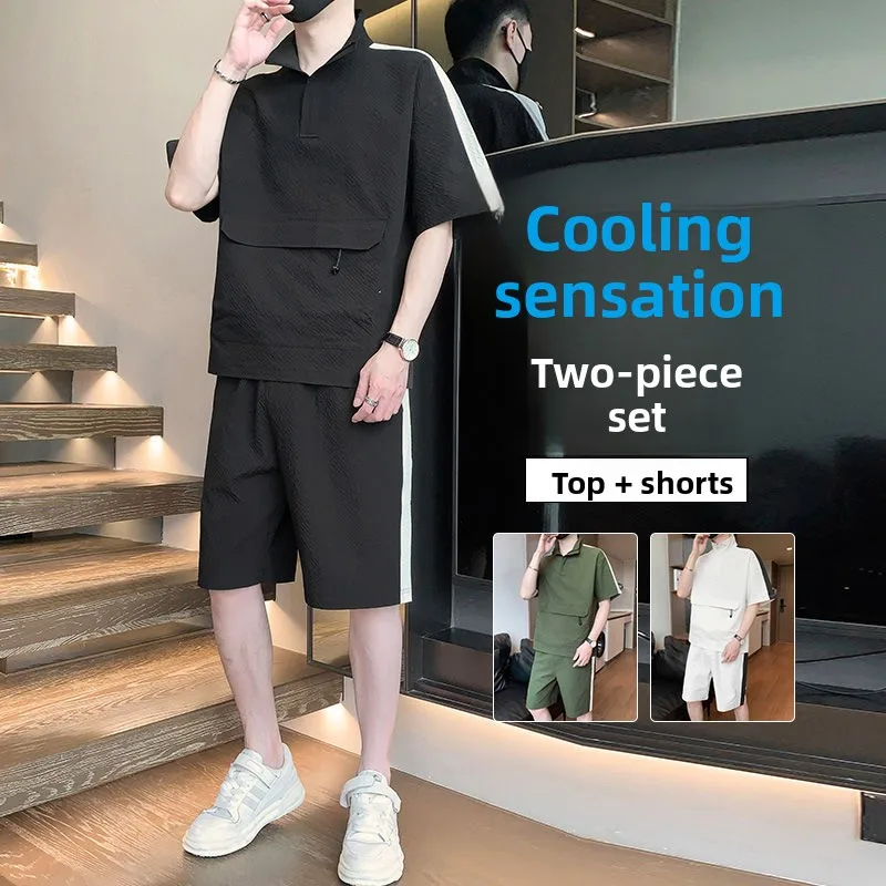 

Men's Summer Short Sleeve Five-Quarter Sleeve Set Casual Two-Piece Suit Young Men's Fashion Ensemble Short Pants Outfit