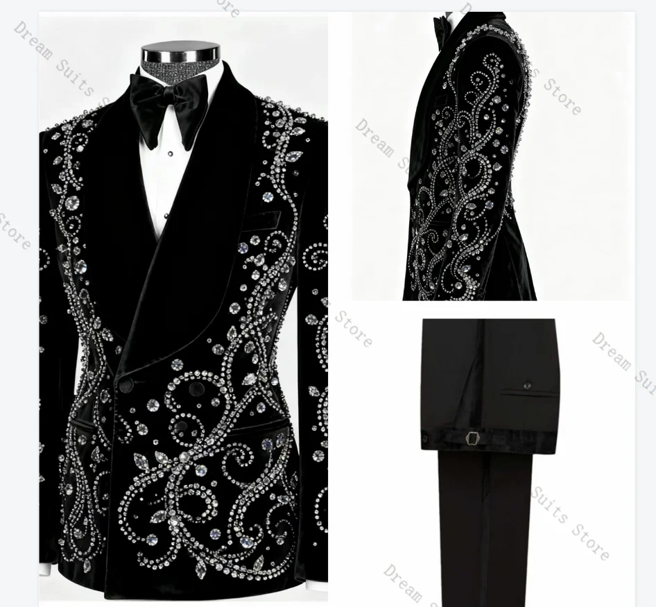

Black Velvet Men Suit Set 2 Piece Crystals Blazer+Cotton Pants Trousers Customized Formal Office Jacket Wedding Tuxedos Coat