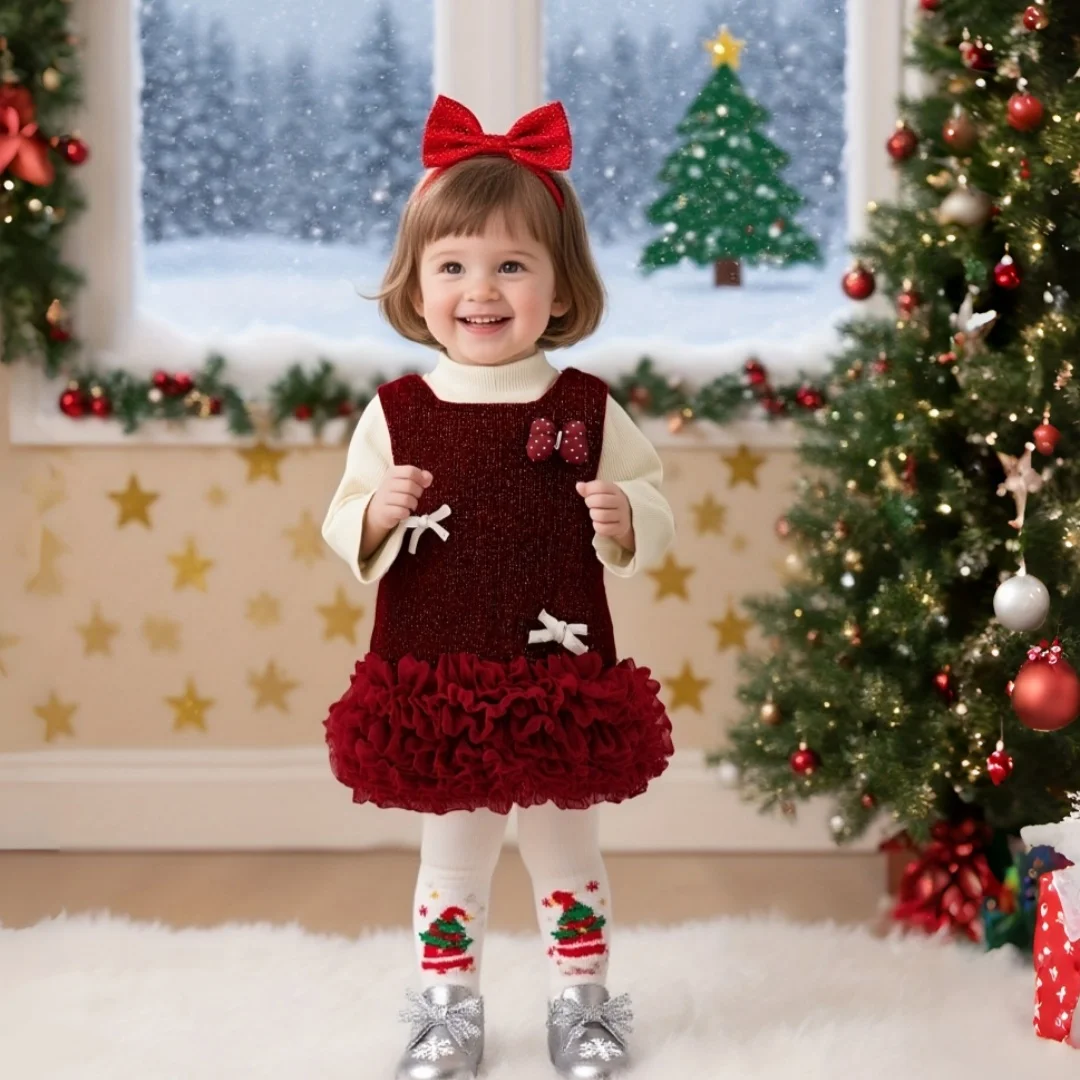 

Autumn And Winter New Baby Girl Set Top And Vest Dress Two-Piece Sweet Bow, New Year'S Children'S Clothing (9 Months To 4 Years)