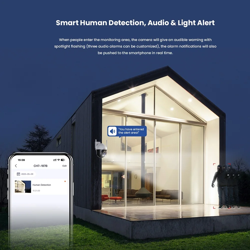 Telecamera Wi-Fi Pan/Tilt da Esterno Tenda 4MP CH7-WCA a Colori 360° °   Copertura visiva, visione notturna, rilevamento del movimento tramite IA, allarme intelligente