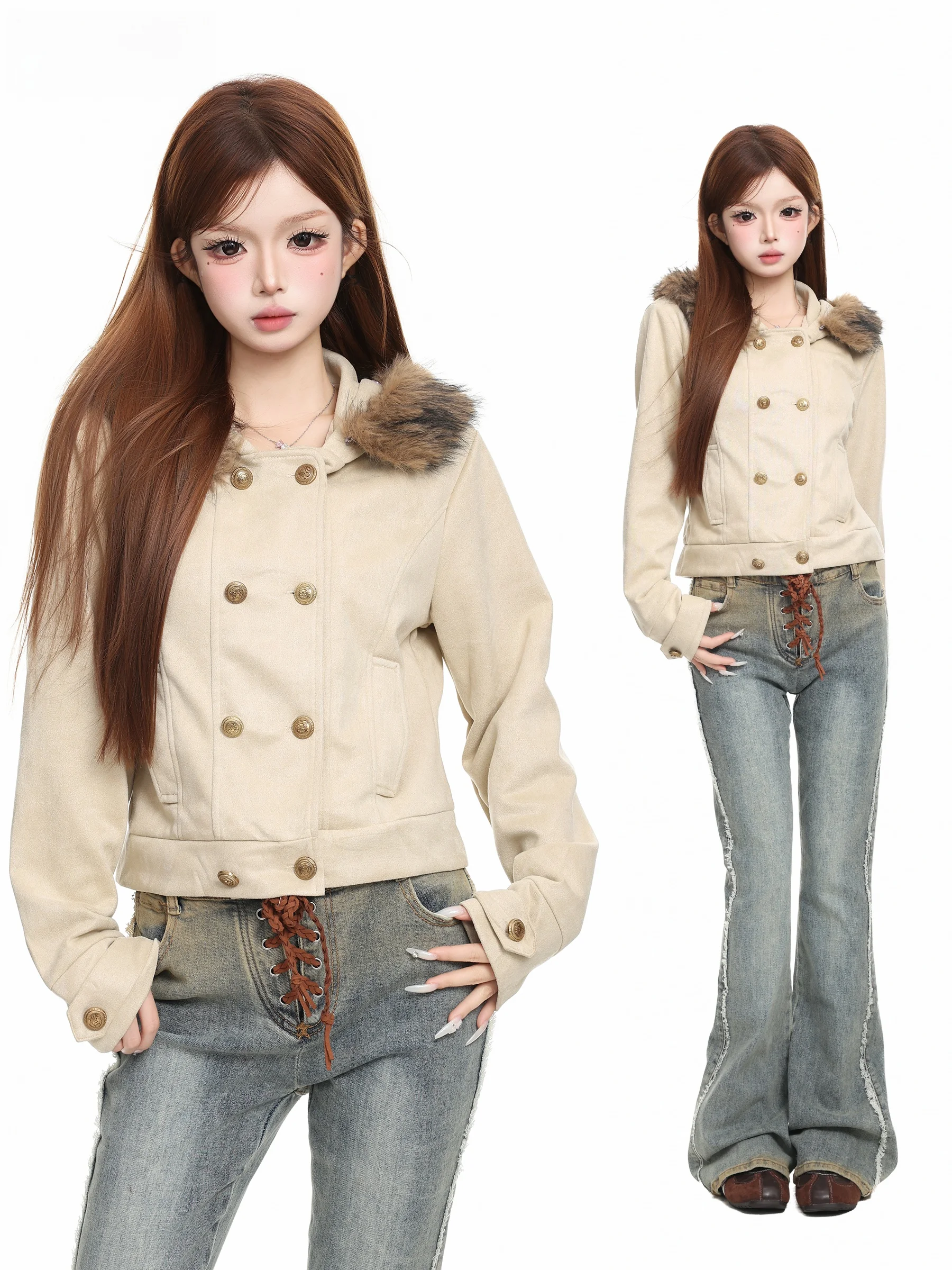BASTERDS Korean Style Short Hooded Woolen Coat Women's Autumn Waist-Cinching Design Double-Row Button Fur Collar Jacket