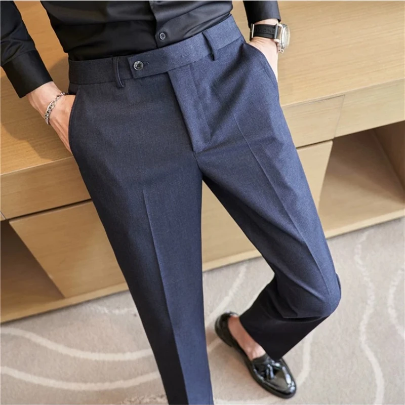 Dusty Pink Slim Tapered Dress Pants for Men,Slight Stretch Formal Business Suit Trousers,Navy Blue Office Wedding Casual Pants