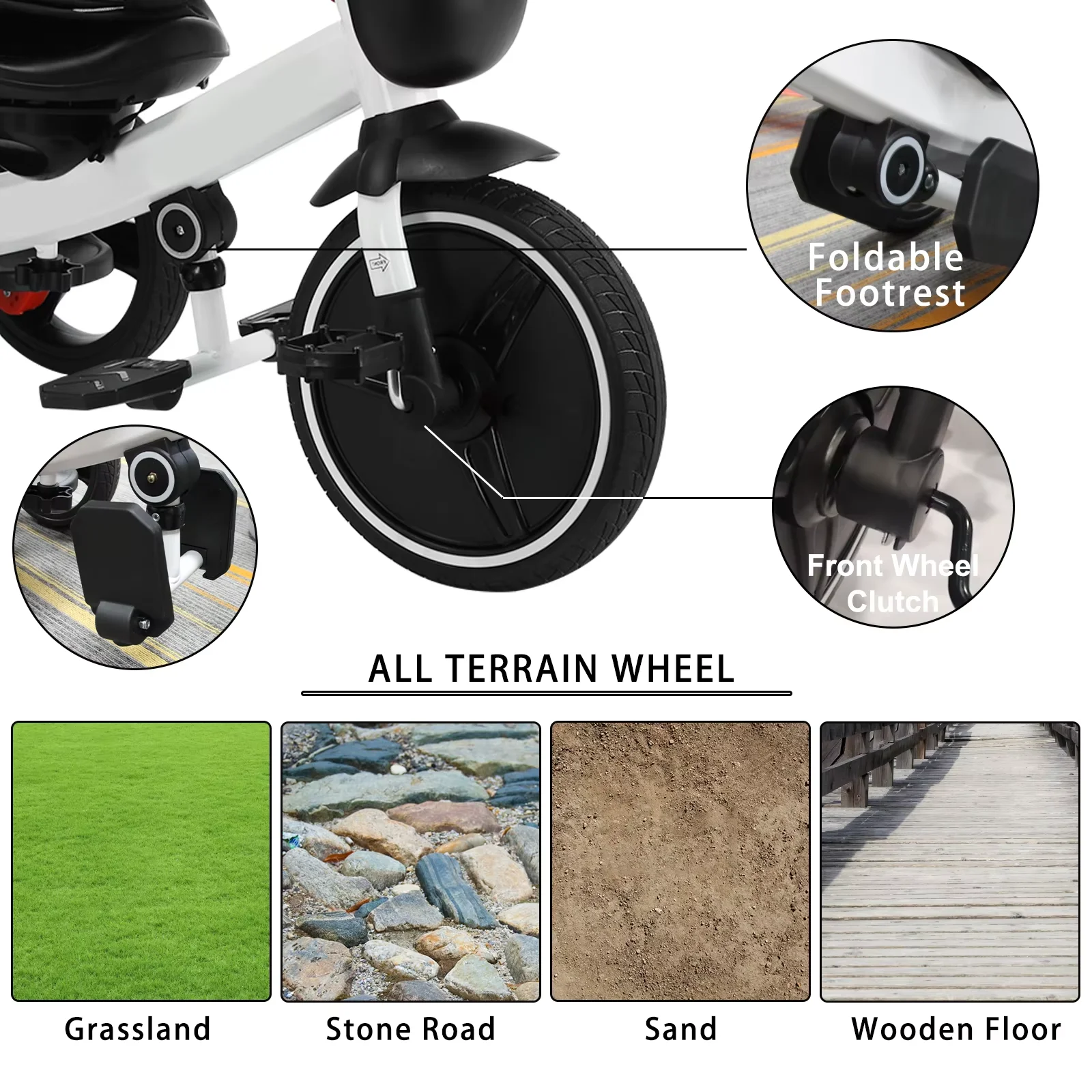 Детский трехколесный велосипед 6-в-1 с прорезывателем, ремнем безопасности и солнцезащитным козырьком — игрушка для езды на возраст 1–6 лет (серый/белый)