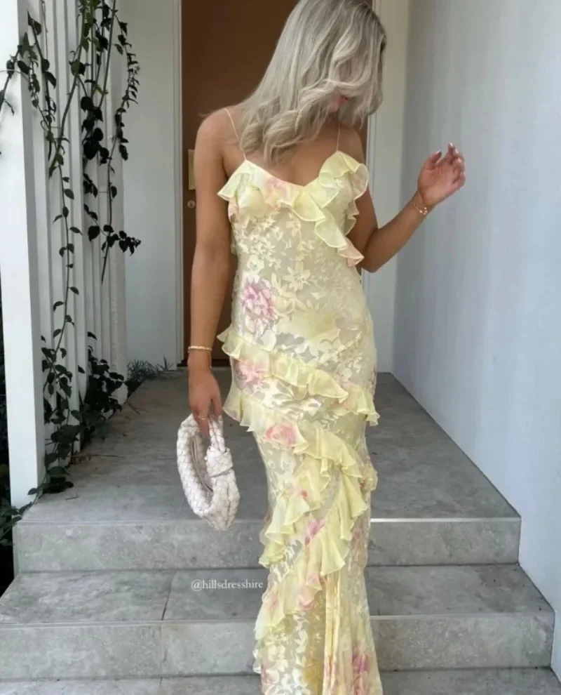 Abito lungo da donna estivo sexy con stampa floreale in pizzo con volant e scollo a V, senza spalline, per le vacanze, costumi da bagno Boho, abito lungo