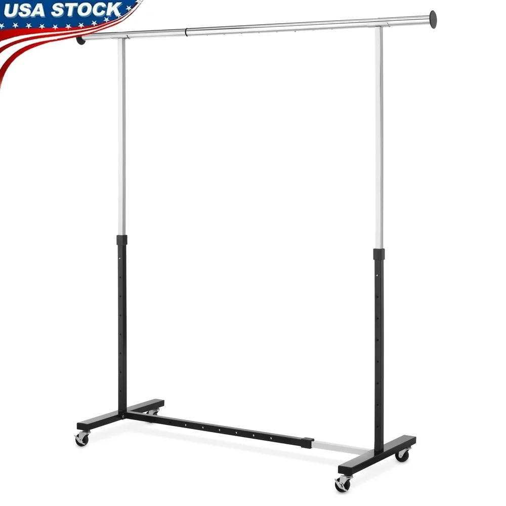 

Adjustable Rolling Expandable Garment Rack Heavy Duty Metal with Locking Wheels Portable Clothes Storage System 43 to 63.5 Inch
