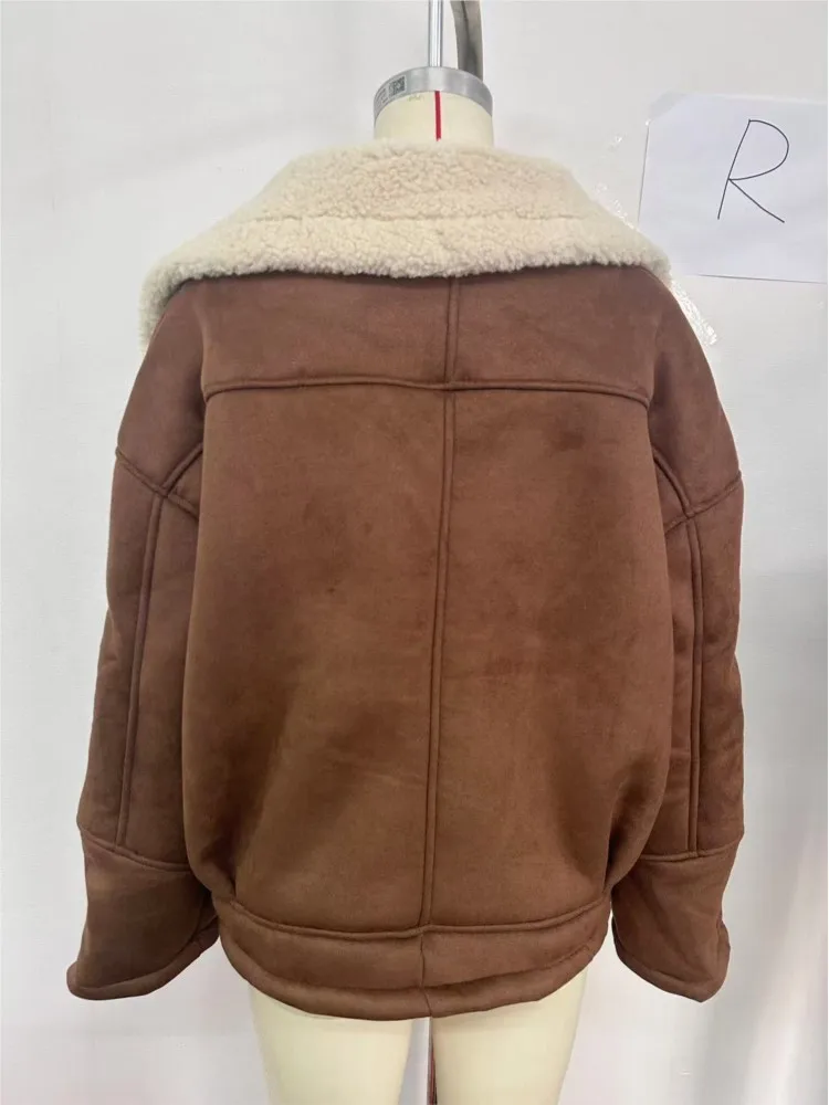 Casaco de emenda de lã de cordeiro de pele sintética feminino outono inverno 2025 nova lapela bolsos com zíper jaqueta de moda casacos casuais outerwear