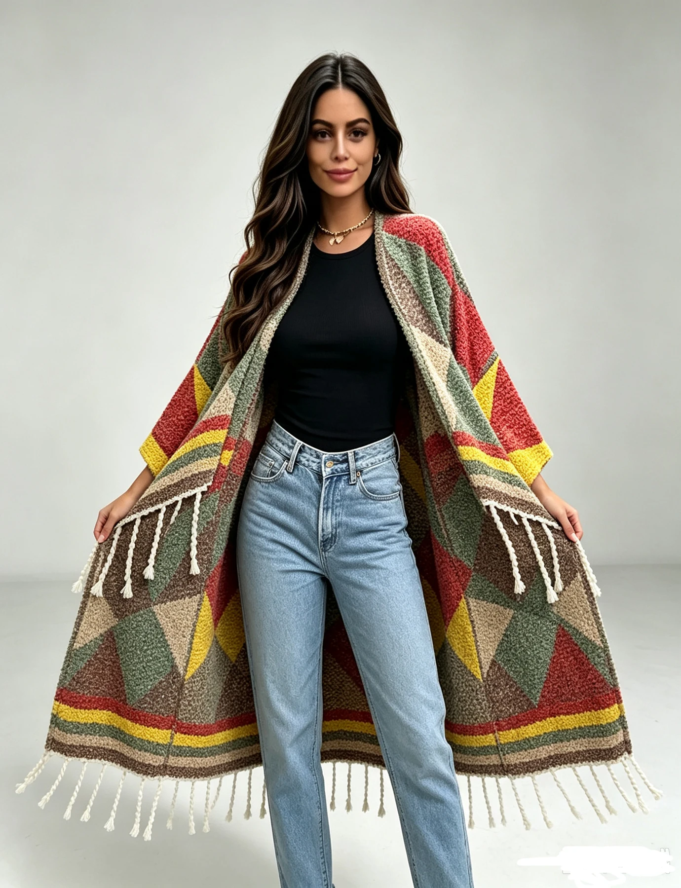 Women's Winter New Geometric Triangle Printed  Long Kimonos Cardigans Open Front Tassel Coat Fall Casual Outerwear Jacket