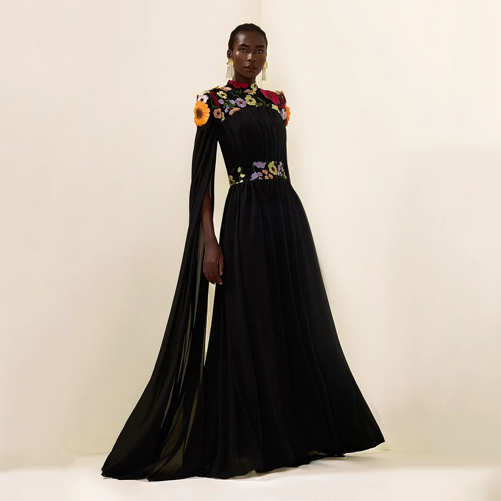 

Customized Black High Collar Long Evening Dresses Elegant Formal Occasion Prom Gowns Flowers Floor Length Prom Dresses