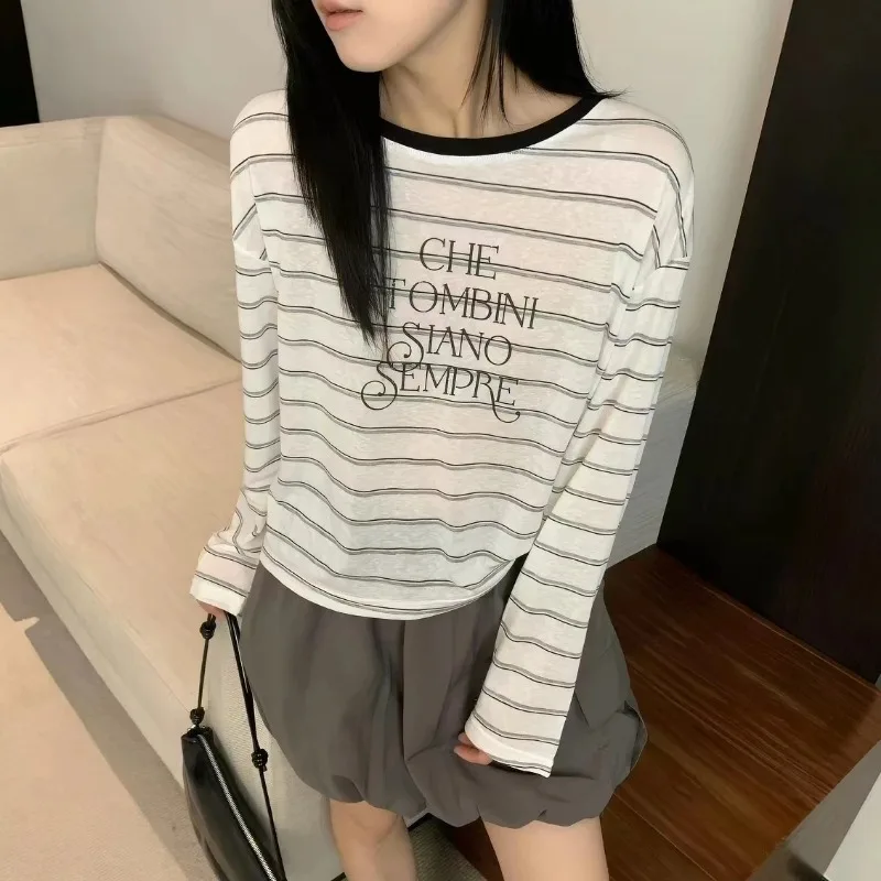 Women Color Block Striped Letter Print Long Sleeve T Shirt Back Drawstring Sun Protection Casual Top S-4XL