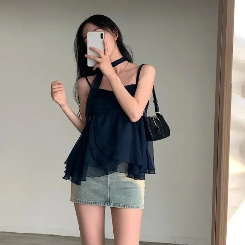 Summer Korean Fashion Sexy Tank Top Loose Women Aesthetic Sleeveless Y2k Sweet Camis Party Female Halter Collar Casual Clothes