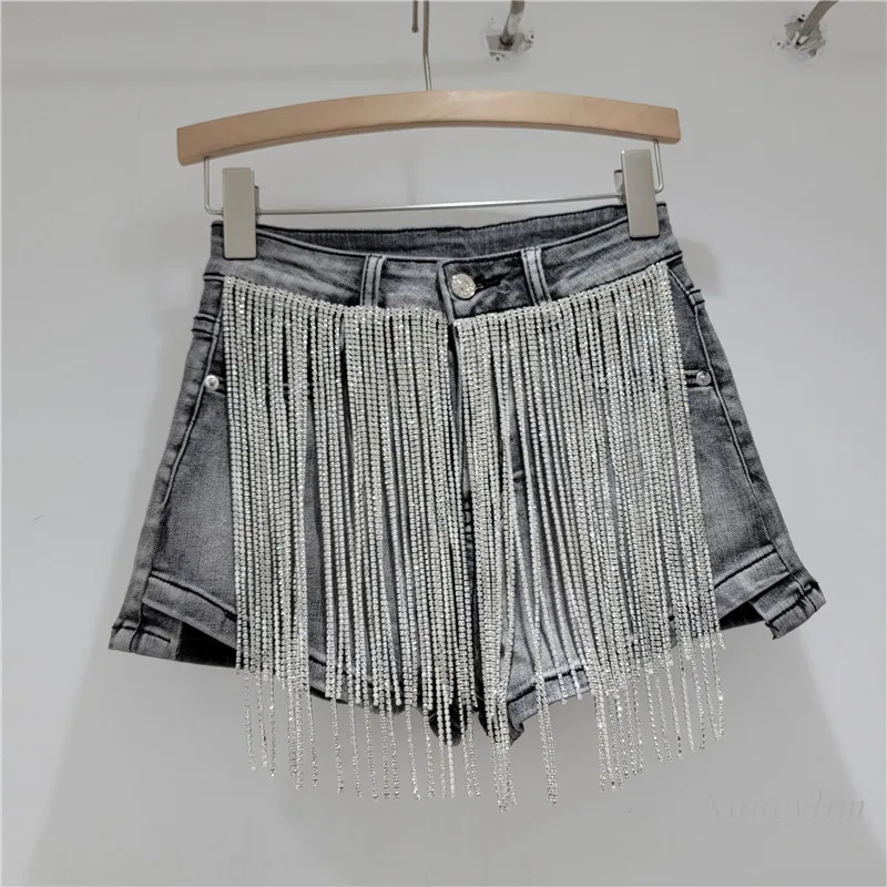 Chain Tassel Heavy Industry Slim Fit Denim Shorts for Women 2024 Spring Summer New Fashion Hot Girl Jean Hot Pants Y2k Shorts