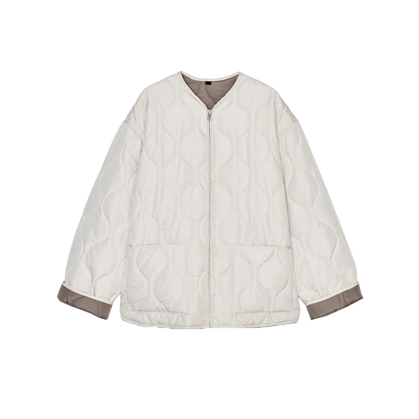 봄 신상 여성 미니멀리스트 스타일 편안한 라운드 넥 지퍼 포켓 장식 코튼 재킷 긴 소매 단색