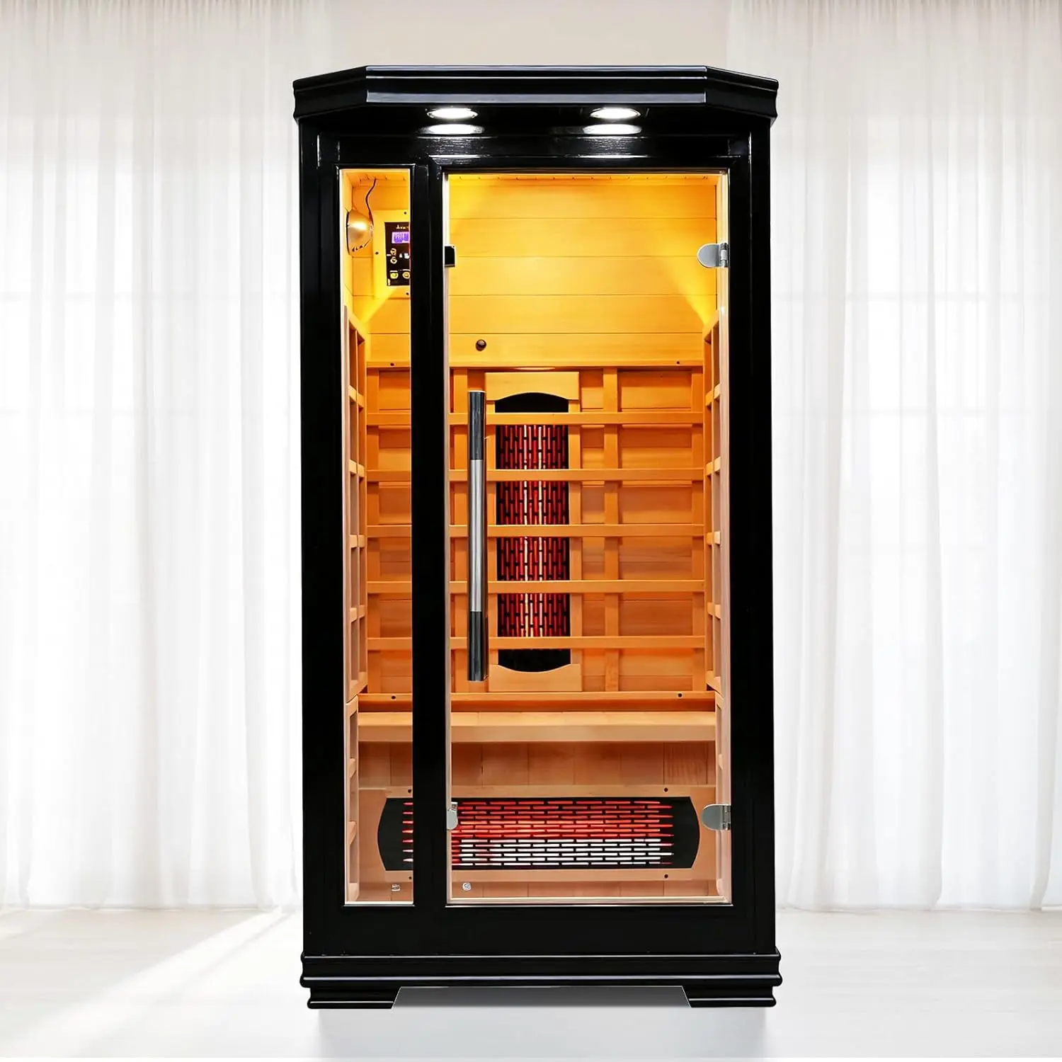 Black Hemlock Wood Infrared Sauna Room Home Use 1350W 110V 1Person Sauna With Speaker,Panoramic 8mm Tempered Glass