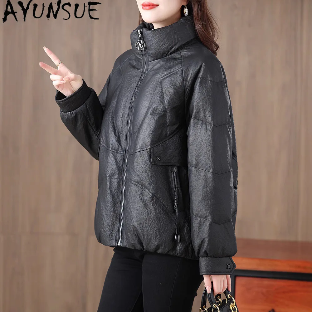 AYUNSUE 양피 정품 가죽 자켓 여성 2025 겨울 의류 90% 화이트 오리 다운 여성 코트 루즈 피트 Jaqueta De Couro