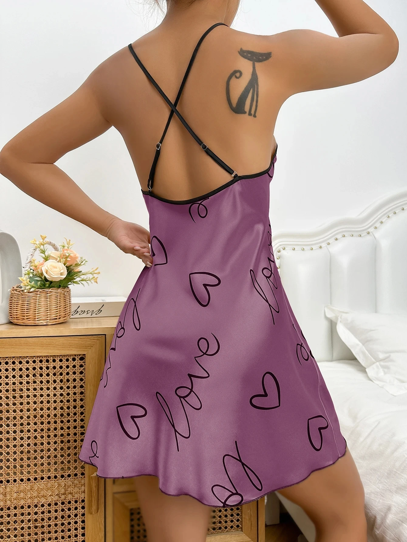 Heart Print Nightdress Elegant Scoop Neck Criss Cross Back Sleep Dress Women's Sleepwear