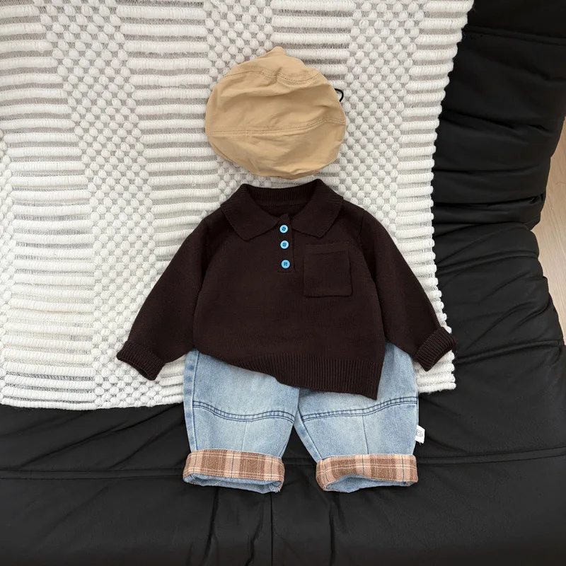 2026 Autumn New Children Long Sleeve Lapel Sweater Boys Girls Knitted Tops Fashion Casual Kids Toddler Polo Collar Knitwear