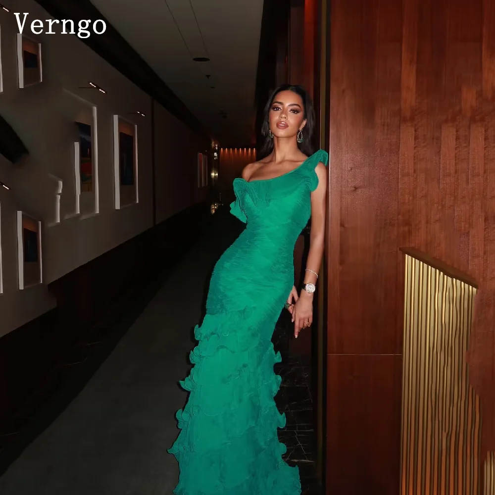 Verngo Elegant Green Chiffon Evening Dress One Shoulder Mermaid Tiered Silk Pleated Party Dress Wedding Guest Dress Customized