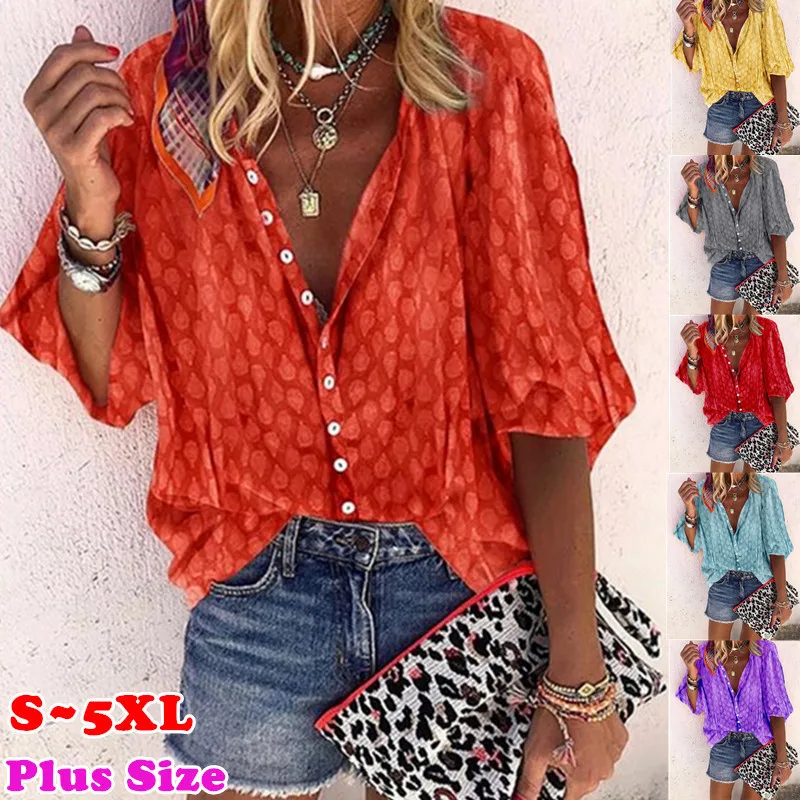 

5XL Summer Women Sexy Loose Big Size irt Ladies Blouse Top Street Sle V-Ne Long Sve Knot Cotton Floral Emb...