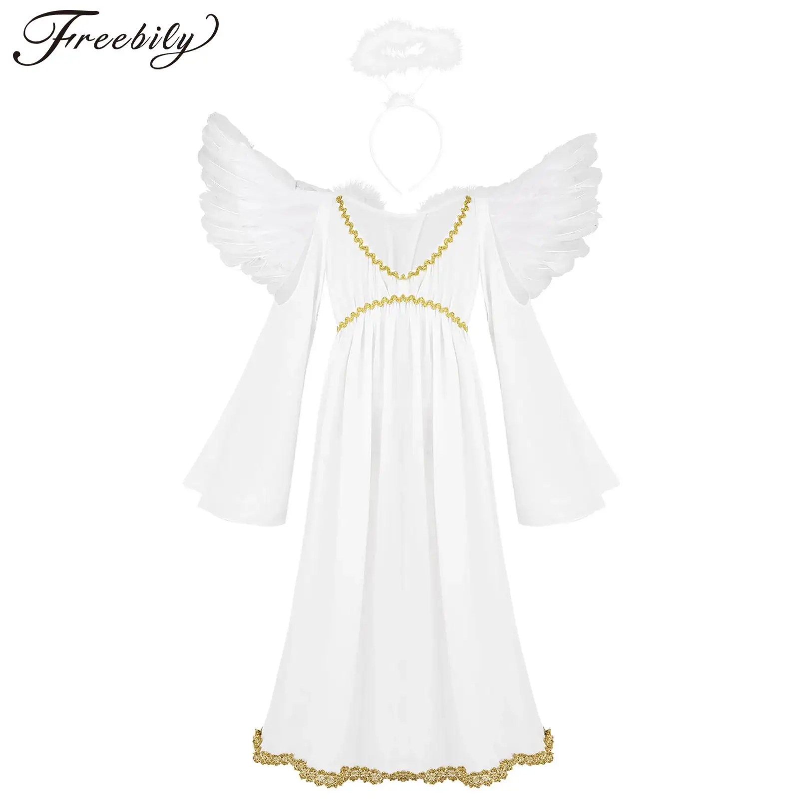 

Kids Girls Greek Godness Costume Athena Halloween Princess Cosplay Dress Up Gown Long Sleeve Toga Dress with Headwear Wings