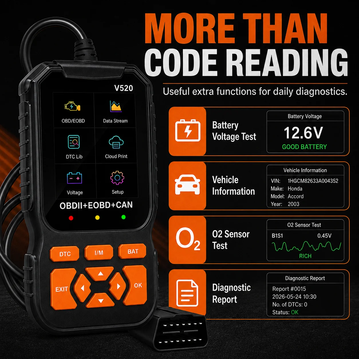 V520 Obd2 Engine Code Reader Car Diagnostic Scanner 8 Language Display Dtc Fault Code Clearer Live Data Check Engine Light Tool
