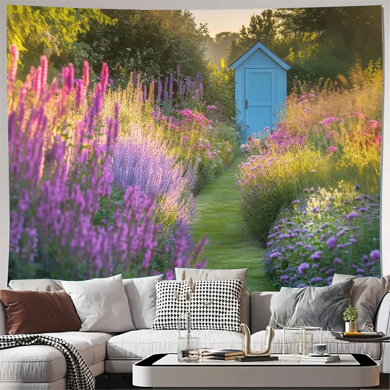 Super Large Floral Garden Tapestry Wall Decor Cottagecore Meadow Aesthetic Blue Shed Nature Artwork Canvas Boho Spring Home Deco